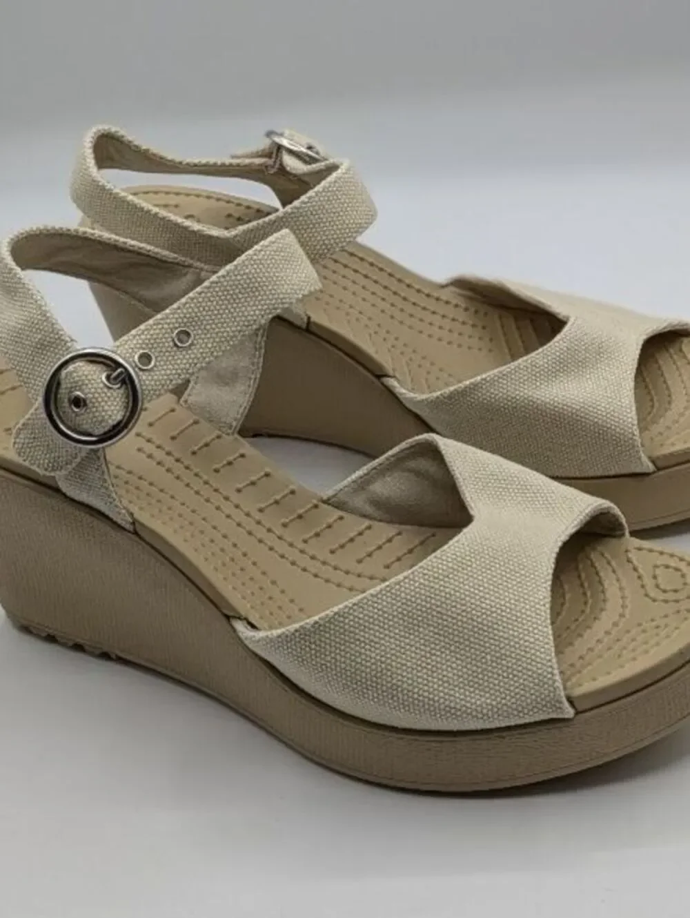 Crocs Size 9 $70 Beige Canvas Ankle Strap Platform Wedge Sandals Comfort Casual